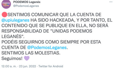 La cuenta de Twitter de Unidas Podemos – IU Leganés, “secuestrada” por una parte de la formación