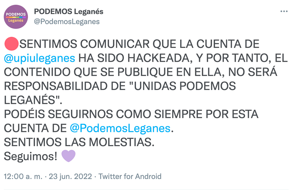 La cuenta de Twitter de Unidas Podemos – IU Leganés, «secuestrada» por una parte de la formación
