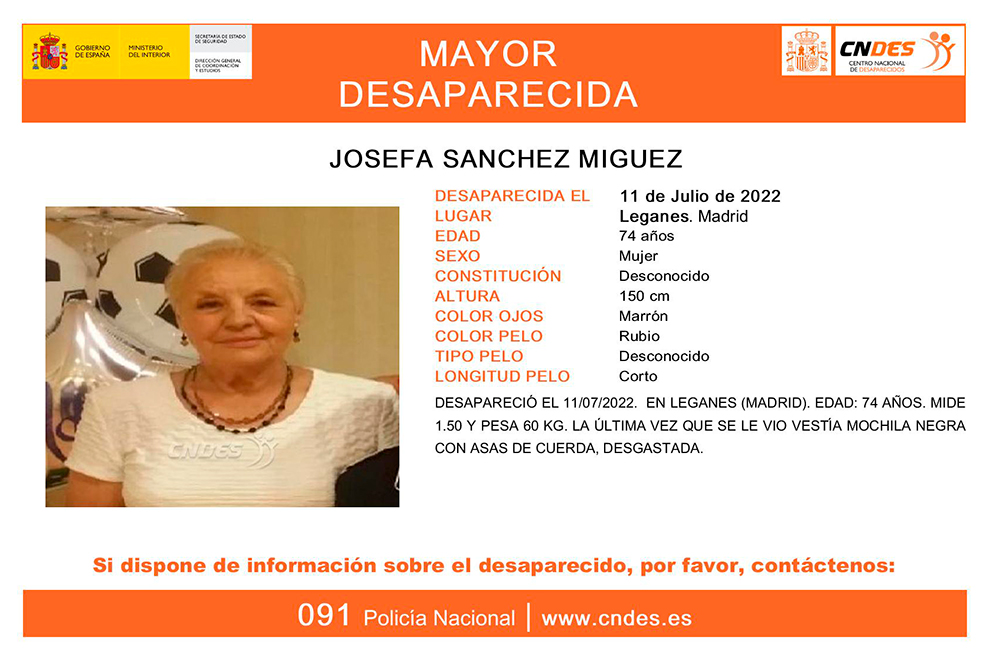 Buscan a Josefa, desaparecida en Leganés hace una semana