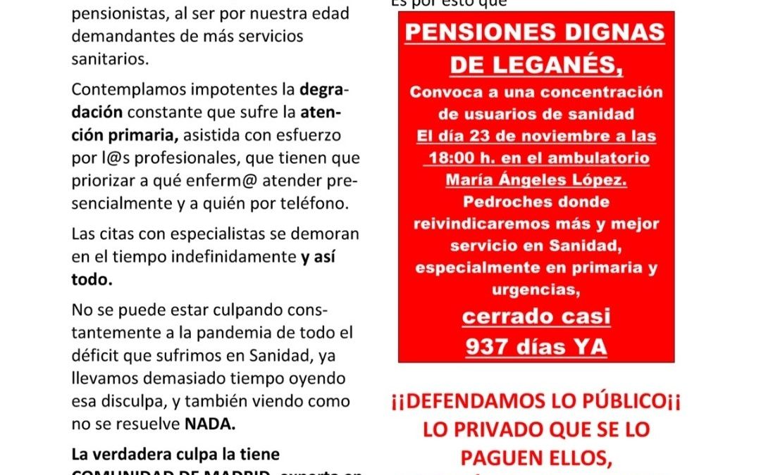 Pensionistas de Leganés convocan una concentración por la Sanidad