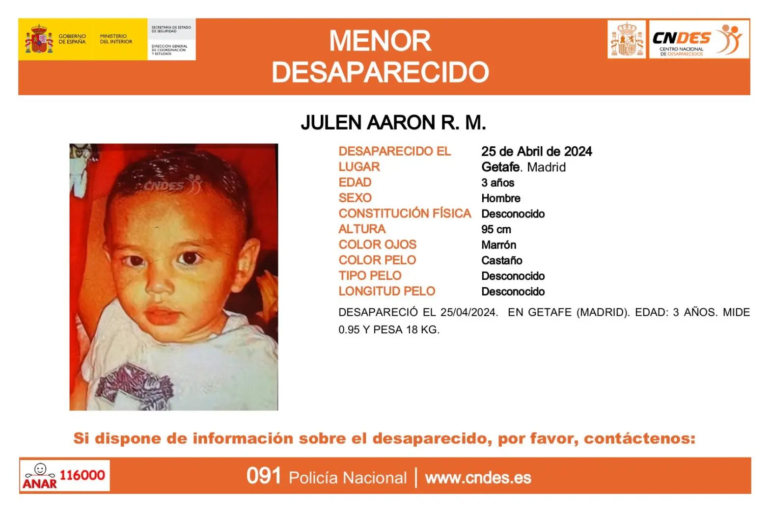 cartel_Julen_Aaron_Localizado en buen estado el niño de 3 años desaparecido en Getafe