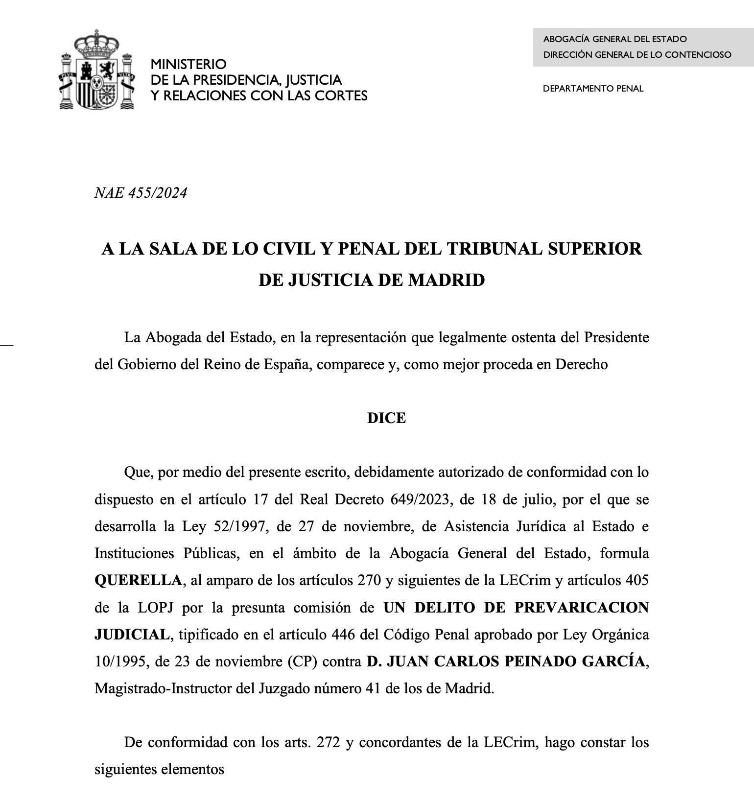 Pedro Sánchez se querella contra el Juez Peinado por prevaricación