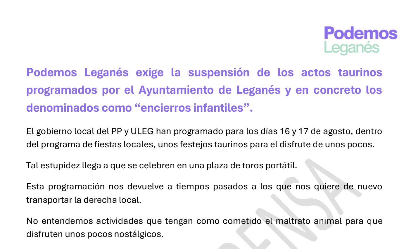 Podemos Leganés exige cancelar los actos taurinos de las fiestas locales