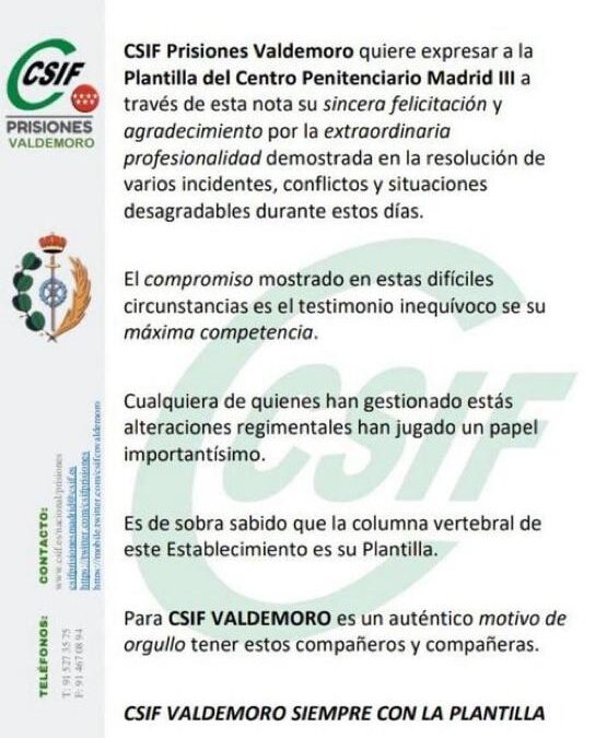 CSIF Prisiones Valdemoro elogia a la plantilla del Centro Penitenciario Madrid III por su excepcional gestión de incidentes