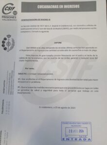 El sindicato CSIF Prisiones Valdemoro ha emitido una nota de prensa solicitando medidas urgentes para abordar una plaga de cucarachas que ha invadido el Departamento de Ingresos del centro penitenciario