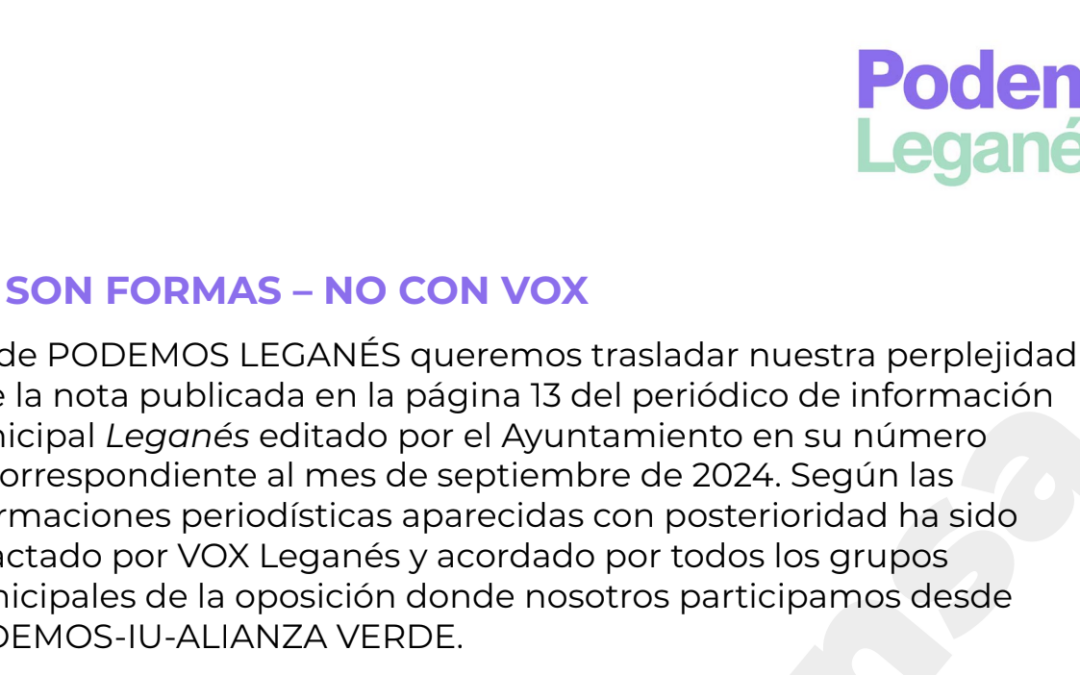 Podemos Leganés rechaza participación en acuerdo con VOX en el Ayuntamiento