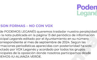 Podemos Leganés rechaza participación en acuerdo con VOX en el Ayuntamiento