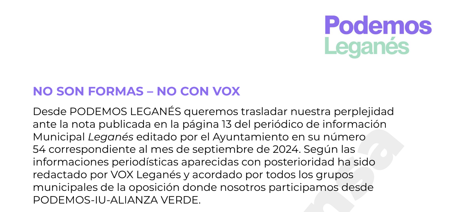 Podemos Leganés rechaza participación en acuerdo con VOX en el Ayuntamiento