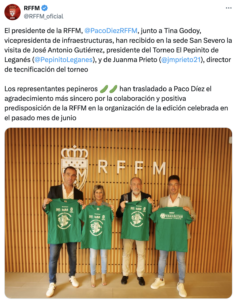 Los responsables del Torneo El Pepinito agradecen a la RFFM su apoyo en la última edición del evento, clave para el fútbol base en Leganés. 