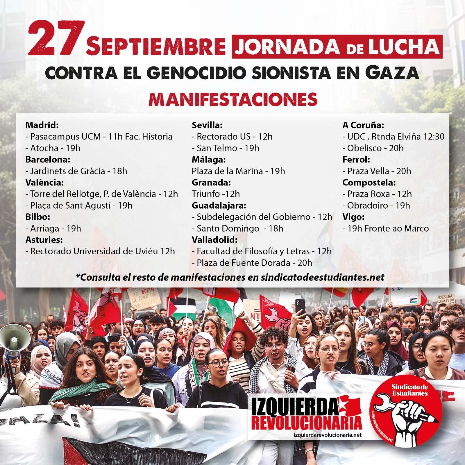 Huelga estudiantil en apoyo a Palestina este 27 de septiembre en más de 20 ciudades españolas