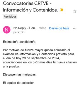 A solo 3 minutos del examen, los candidatos recibieron un correo con este mensaje: 