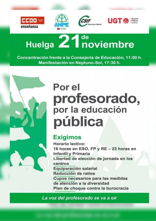 Los profesores de la educación pública en Madrid convocan huelga y gran manifestación