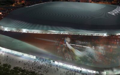 El Bernabéu prueba un espectáculo de luces y 3D en su fachada