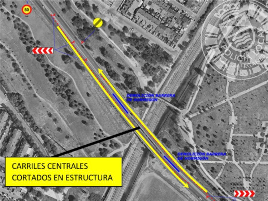 Obras en la M-406 en Leganés reducen el tráfico a un solo carril por sentido durante meses
