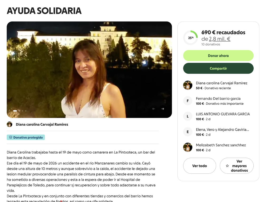 Vecinos de Leganés piden ayuda para Diana Carolina, que sufrió una parálisis tras una caída de diez metros Vecinos de Leganés piden ayuda para Diana Carolina, que sufrió una parálisis tras una caída de diez metros