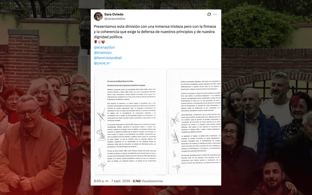 Cuatro miembros de la Ejecutiva del PSOE de Leganés dimiten y denuncian una pérdida de confianza en la dirección
